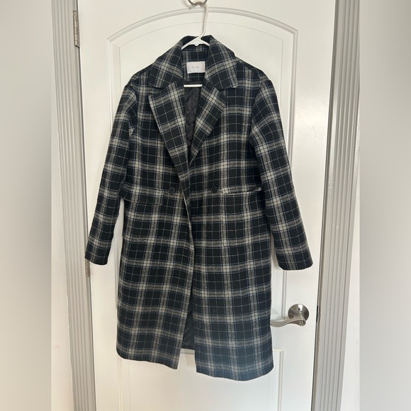 Oak + Fort Plaid Minimalist Long Peat Coat wool blend size extra small - Picture 3 of 12